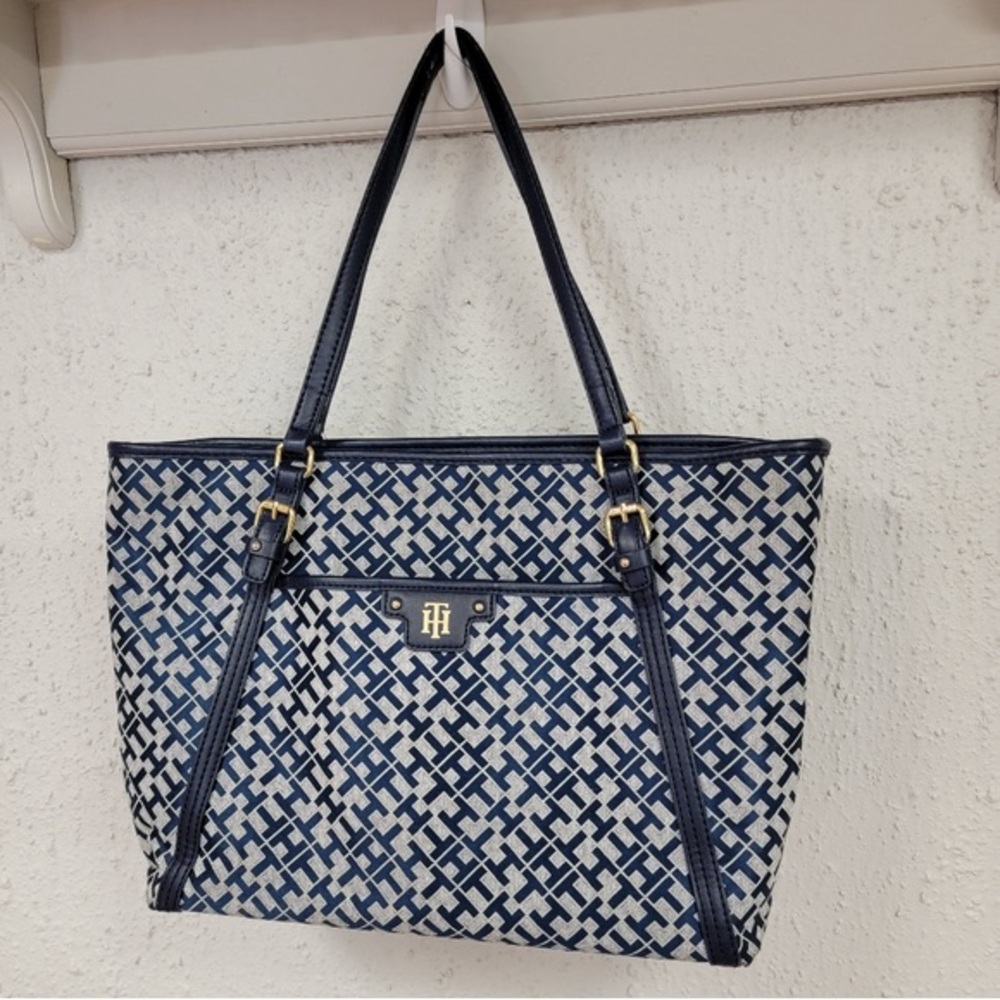 Tommy Hilfigure Women’s Blue & White Monogram Tote Bag Canvas Shoulder Bag
